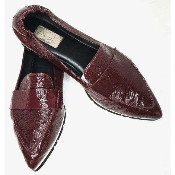 AGL ITALY Micro Pointed Toe Loafers Shoes Flats Patent Leather Dark Red EU 40.5 - Picture 1 of 11